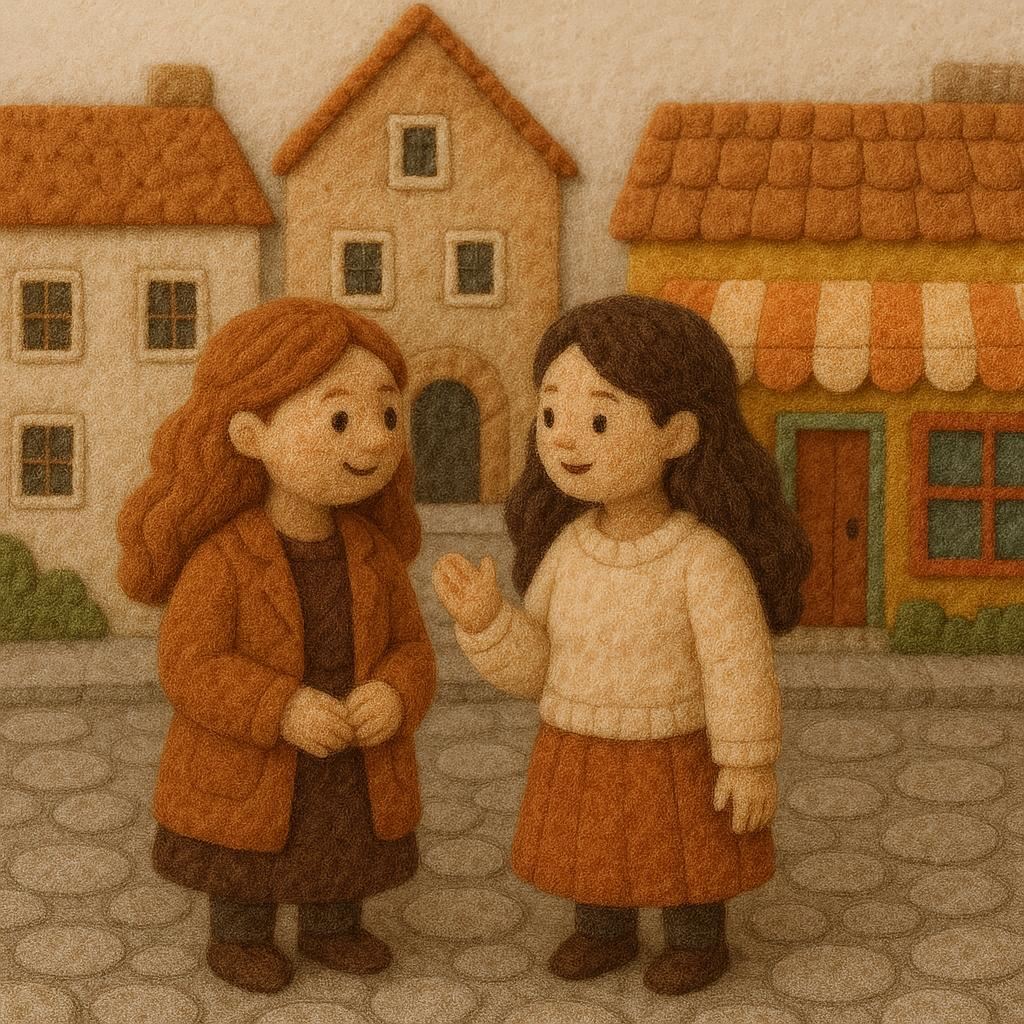 Two female friends made of soft felt stand in a small town center, having a warm, friendly chat. The scene features tiny handcrafted buildings, stitched windows, felt cobblestones, and colorful shopfronts. Their felt hair and clothing have gentle stitched details, and the atmosphere feels cozy and handmade. Soft, even lighting and a calm, welcoming mood define the scene.