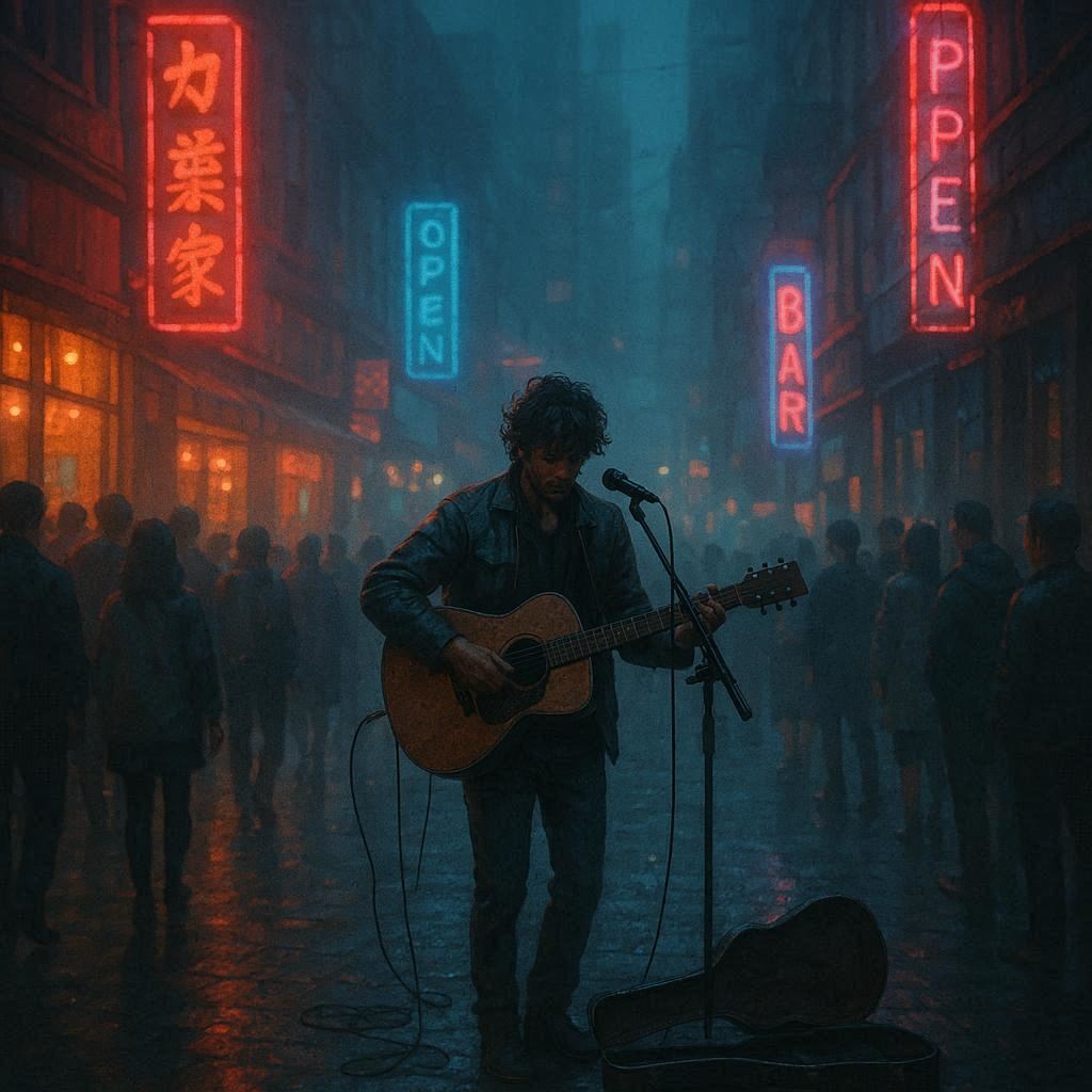 Digital art, wide angle, ambient haze street performer, neon signs, evening crowd, moody vibes